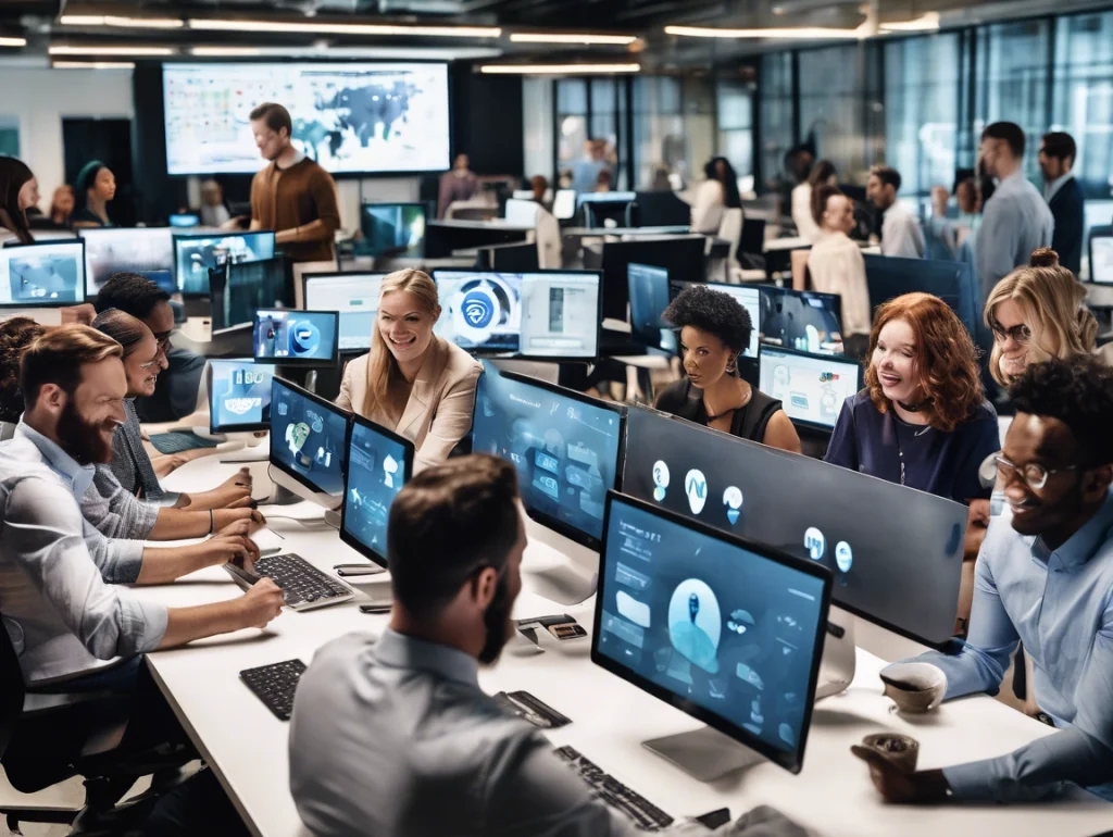 Diverse team collaborating in modern office setting with multiple computer screens displaying social media analytics and strategy visuals, emphasizing social media management and engagement.