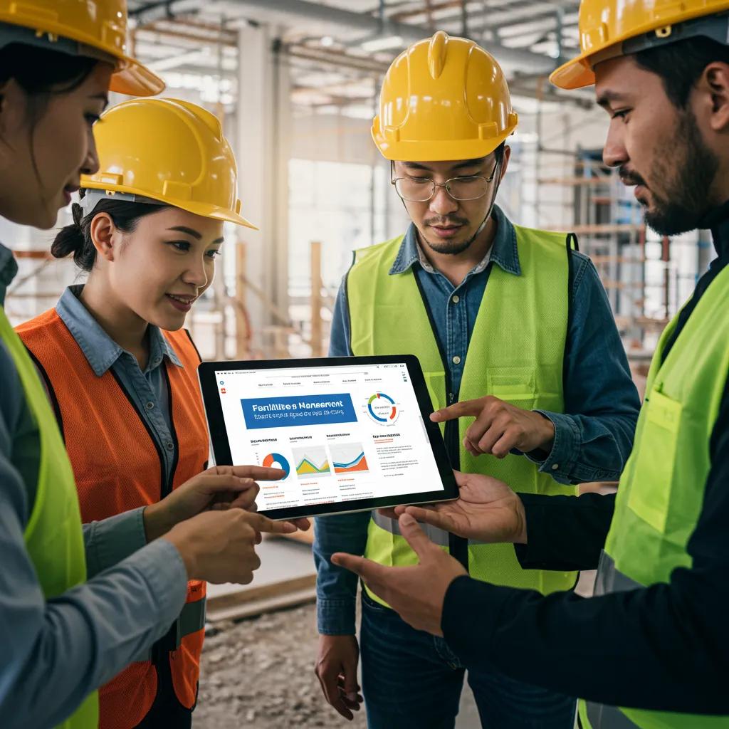 Facilities management team reviewing a website design on a tablet, illustrating the link between web design and lead generation