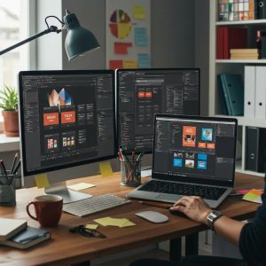 Modern workspace with a web designer working on colorful website designs, emphasizing creativity and professionalism