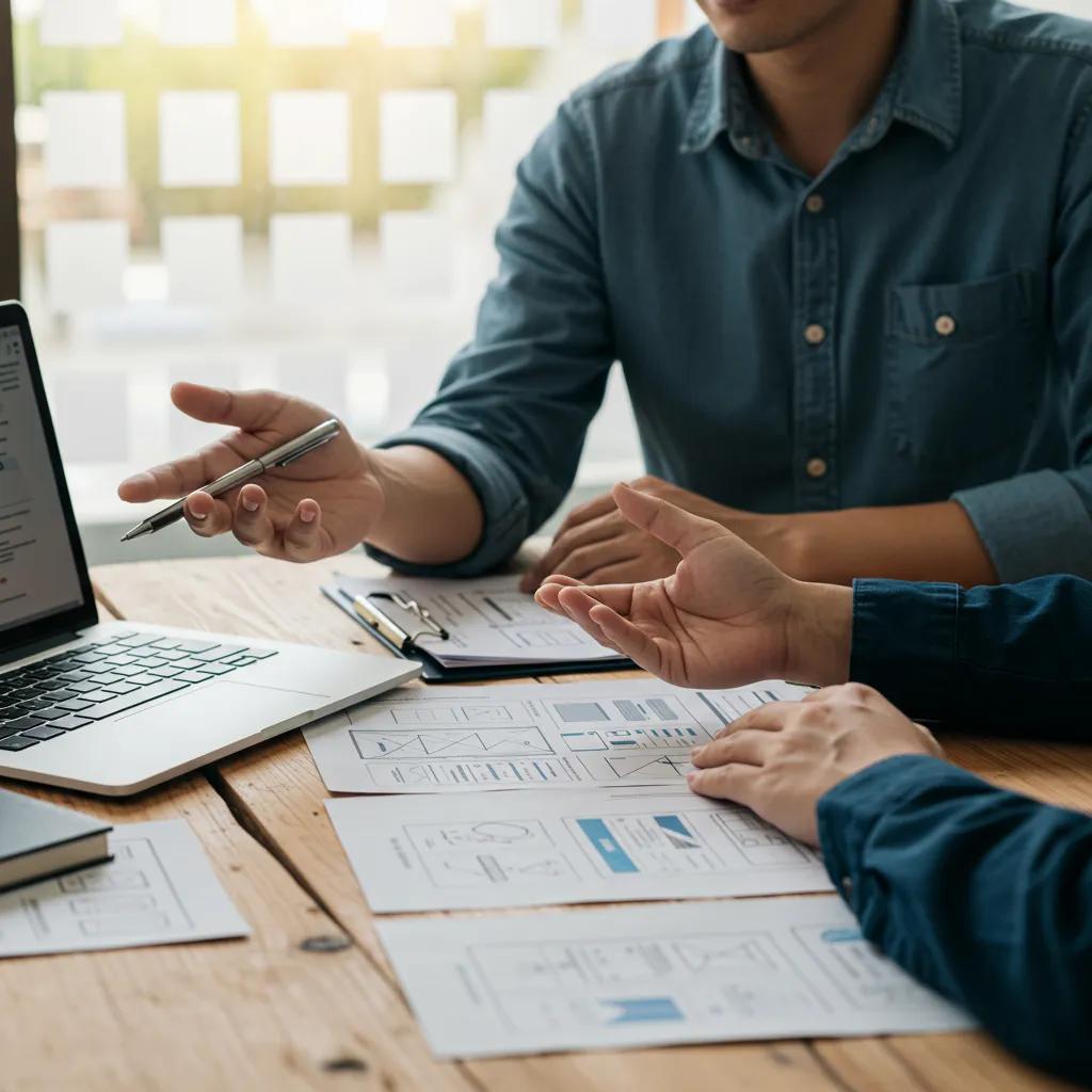 Small business owner consulting with a local web design agency, showcasing collaboration and affordable design options