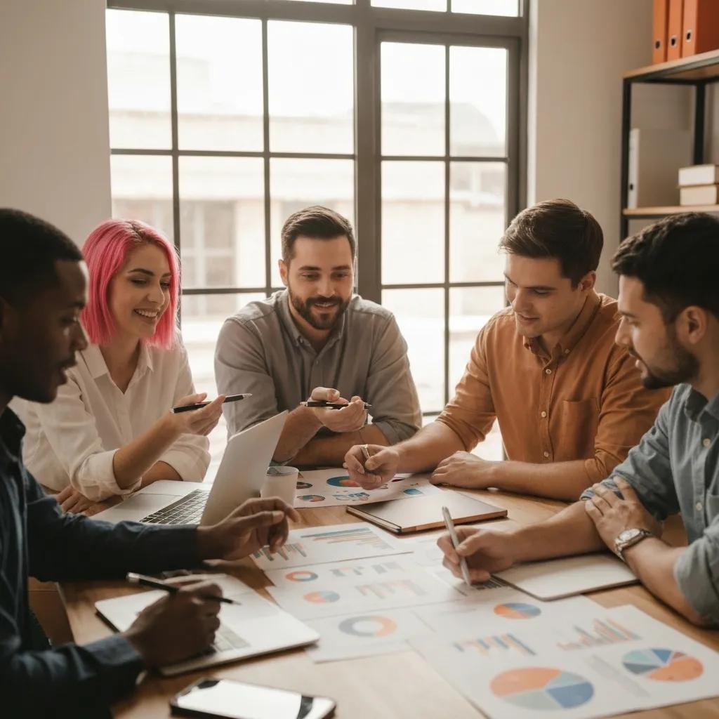 Team of digital marketers brainstorming competitor analysis strategies in a collaborative workspace